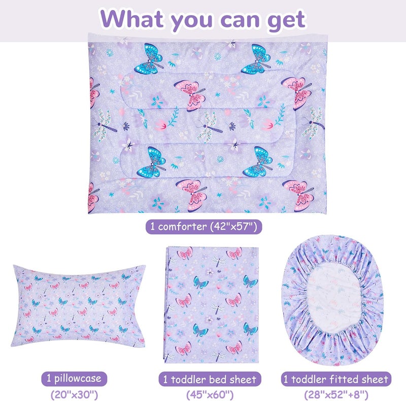 lasoftan Butterfly Toddler Bedding Set for Girls, 4 Piece Bed-in-a-Bag Toddler Comforter Sets, Super Soft Comforter Sheet Set and Comfortable Microfiber Toddler Bed Set - Image 4